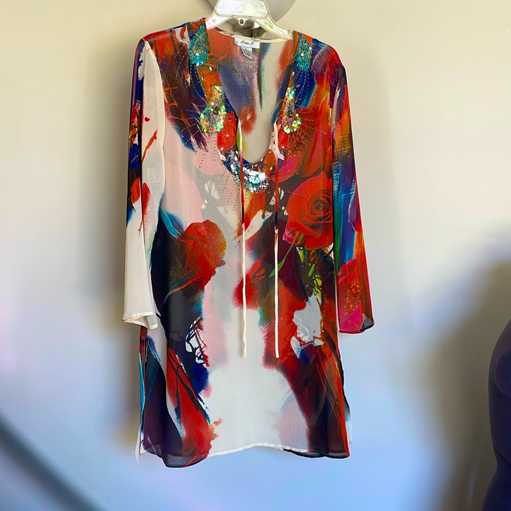 Ania.A Long Print Tunic with Sequin Neckline Size XL